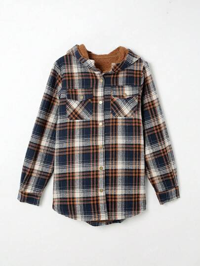 Plaid Print Teddy Lined Hooded Coat