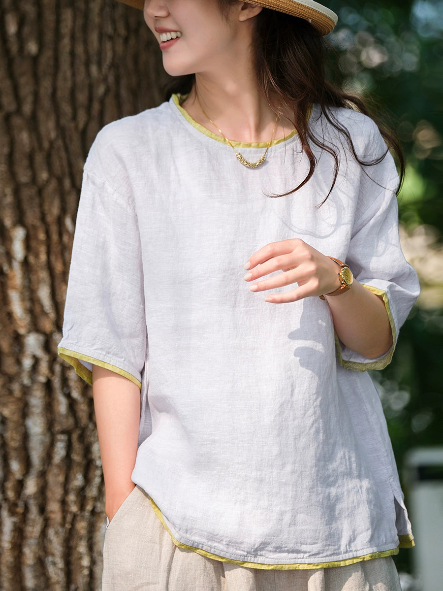 Women Summer Casual Pure Color O-Neck 100%Linen Shirt