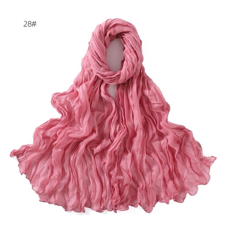 Spring And Autumn Pure Color Silk Yarn Twist Wrinkle Cotton And Linen Breathable Thin Scarf Female Cover Scarf In Stock