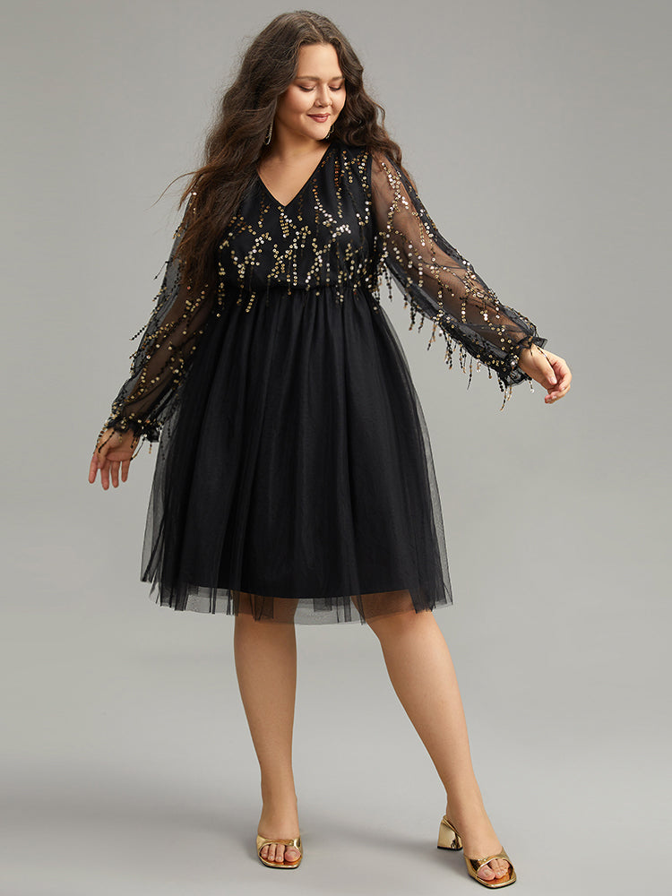 Sequin Mesh Patchwork Tassel Dress