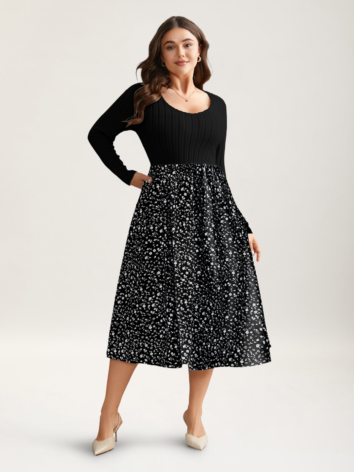 Ditsy Floral Patchwork Texture Midi Dress