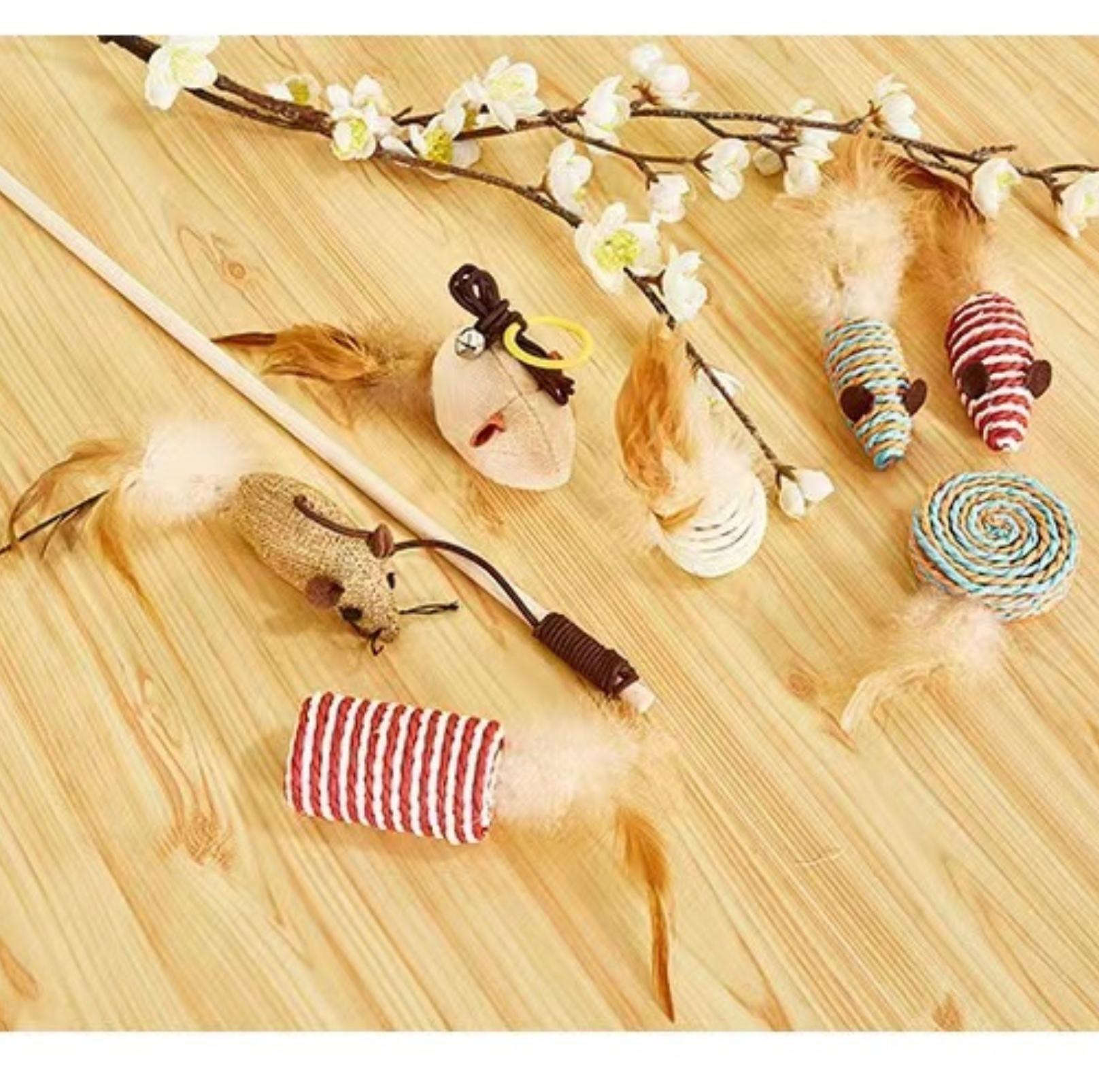 Wooden Cat Stick And Toys Kit With 7 Pieces