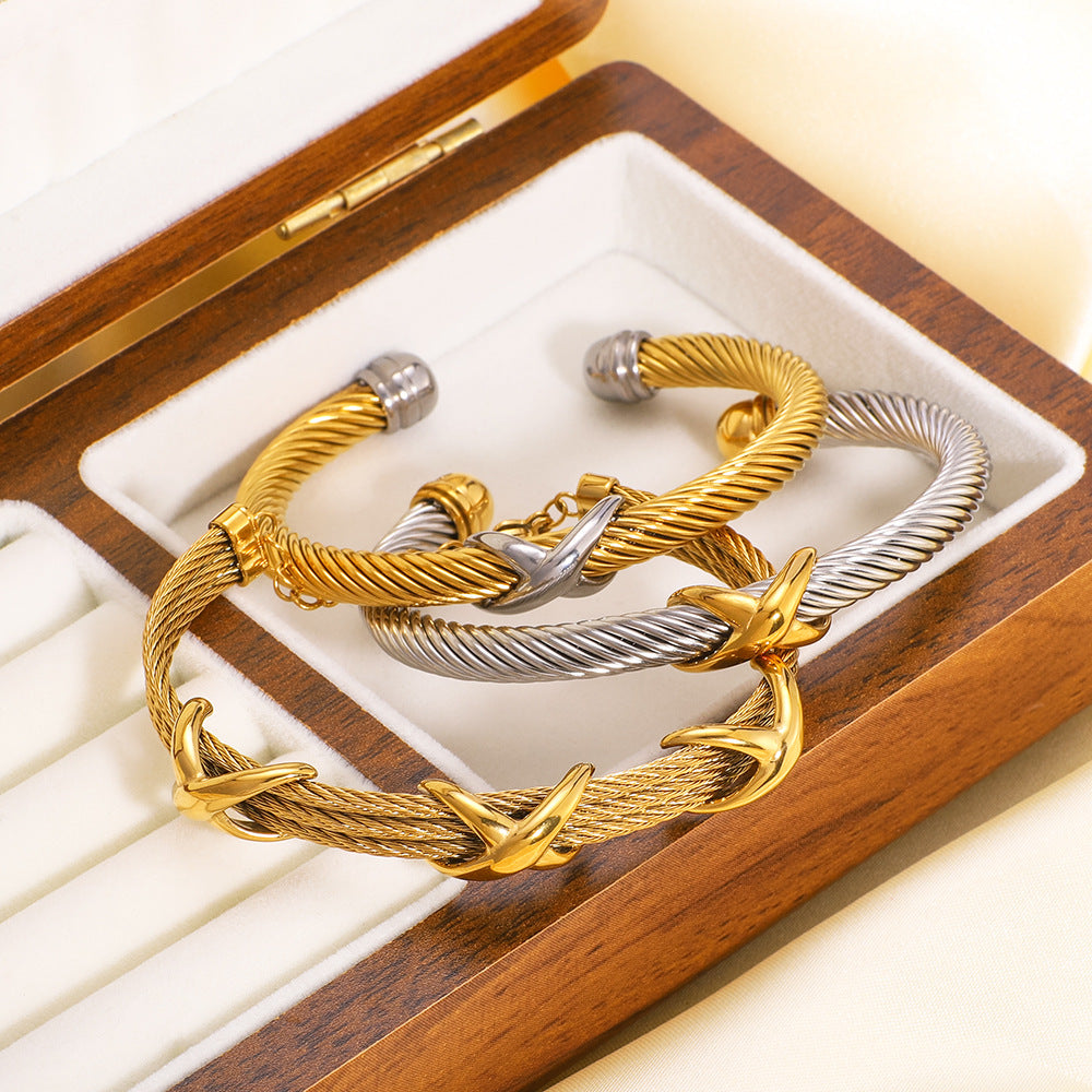 Retro Style Letter Braided Open Bracelet Gold Steel Color Matching Design Stainless Steel Plated With 18K Gold