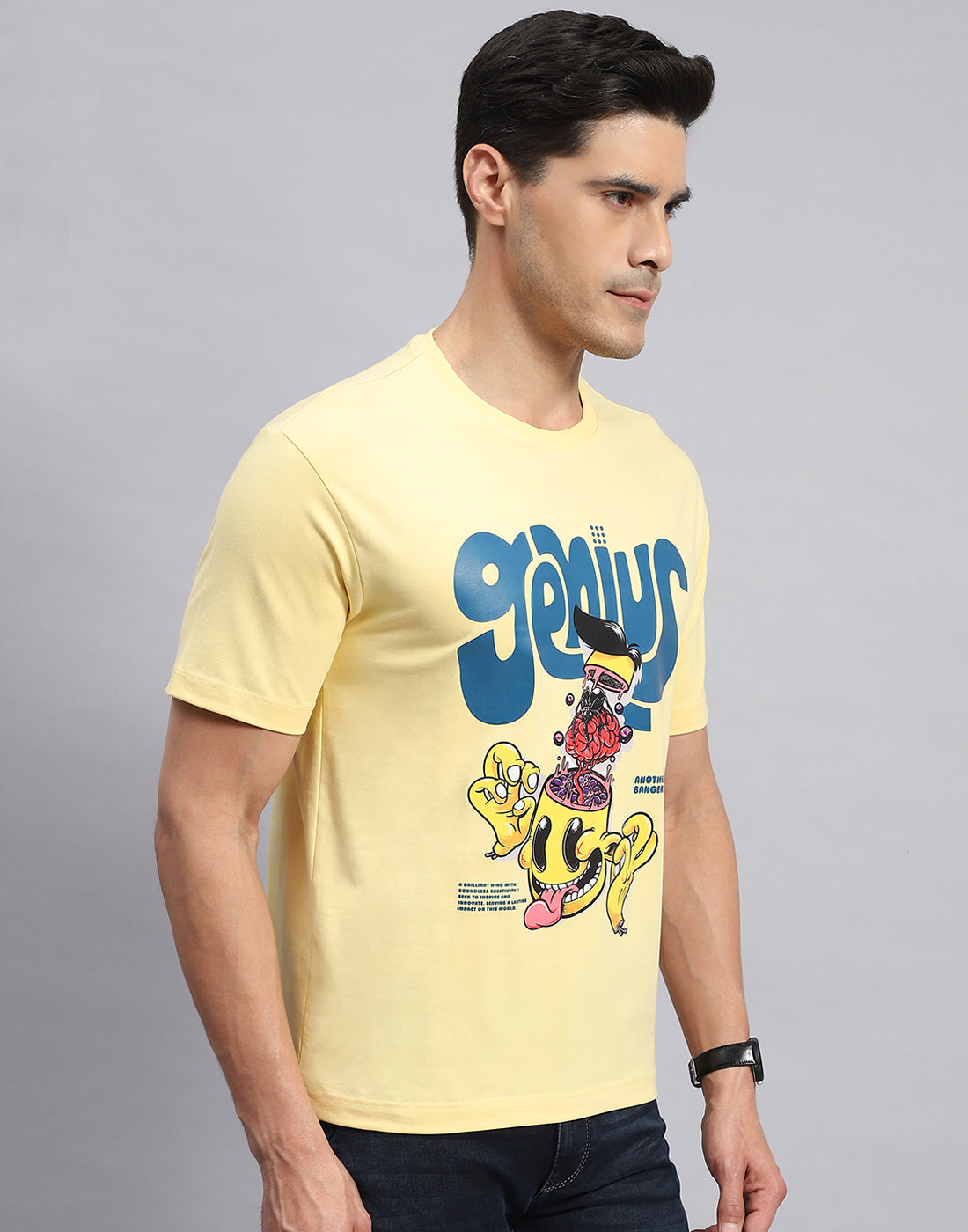 Men Yellow Printed Round Neck Half Sleeve T-Shirt