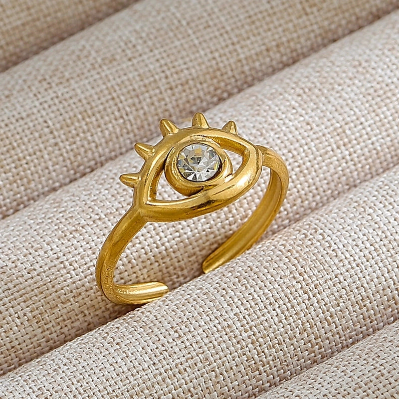 Rock Oversized Leaves Eye Flower 304 Stainless Steel Gem 18K Gold Plated Inlay Open Rings