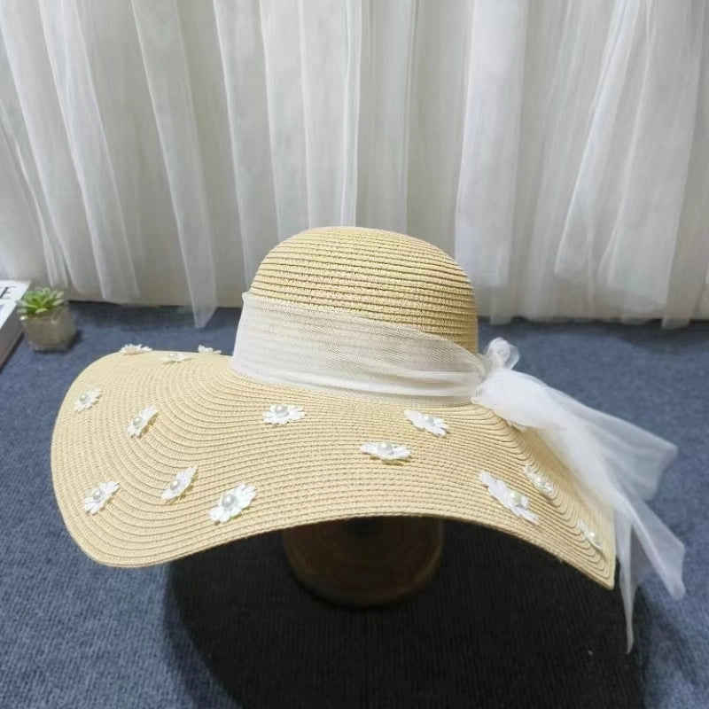 Women's Cute Sweet Minimalist Flower Embroidery Pearl Wide Eaves Straw Hat
