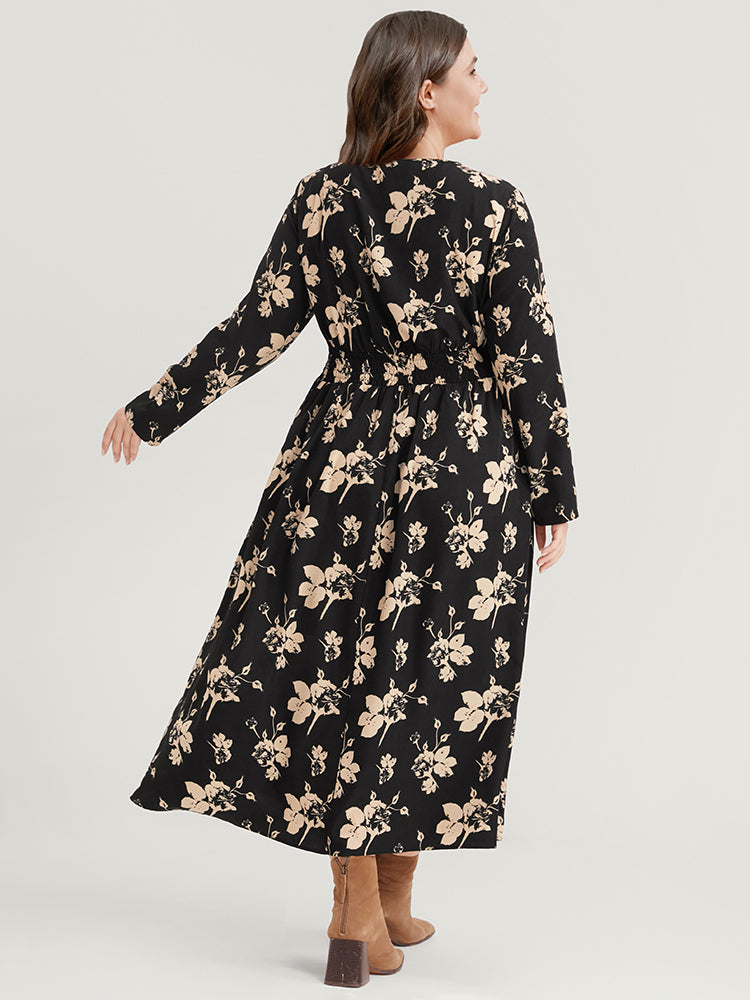 Floral V Neck Button Pocket Shirred Midi Dress