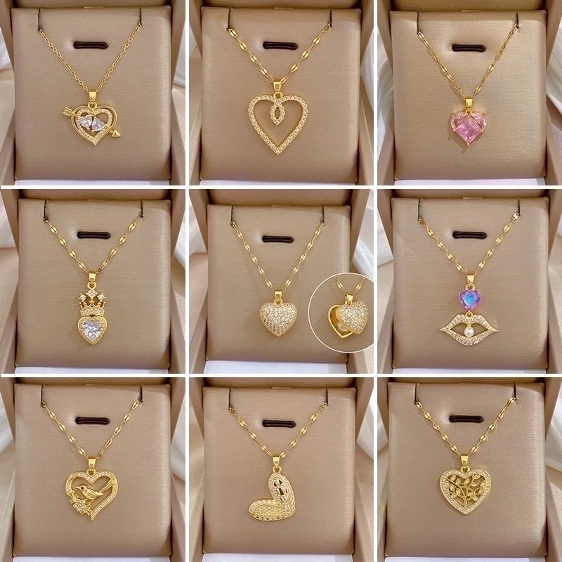 2 Pieces Minimalist Classic Style Geometric Heart Shape Titanium Steel Copper Zircon Pendant Necklace In Bulk