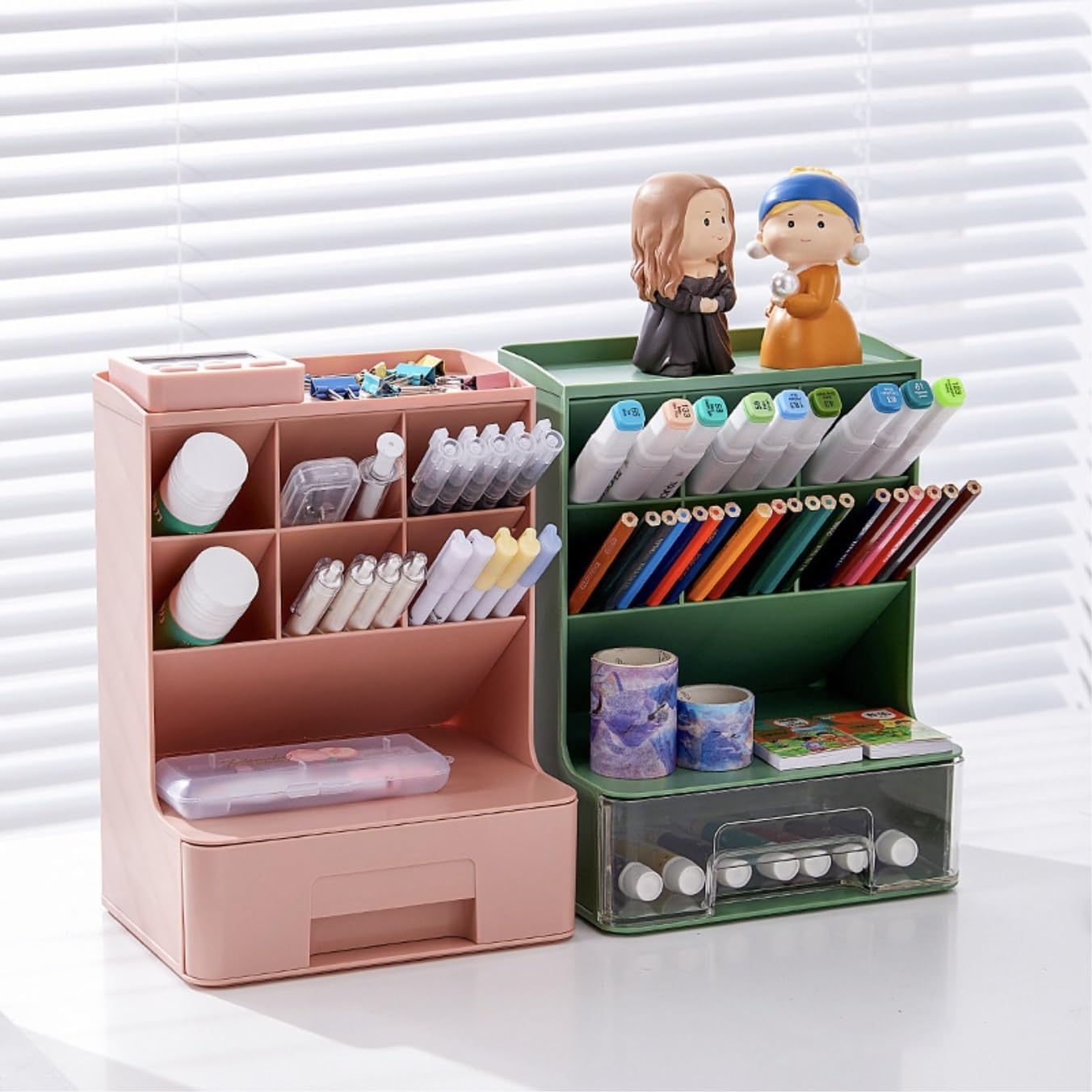 Desk Pencil Pen Holder. Slant Pen Organizer With Drawer. Desktop Storage Stationery Supplies Organizer For School Office