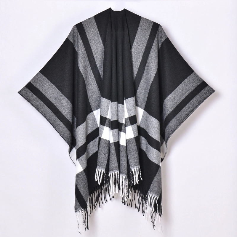New Tassel Split Shawl Autumn And Winter Women's Simple Plaid Jacquard Scarf Cloak Hot Selling