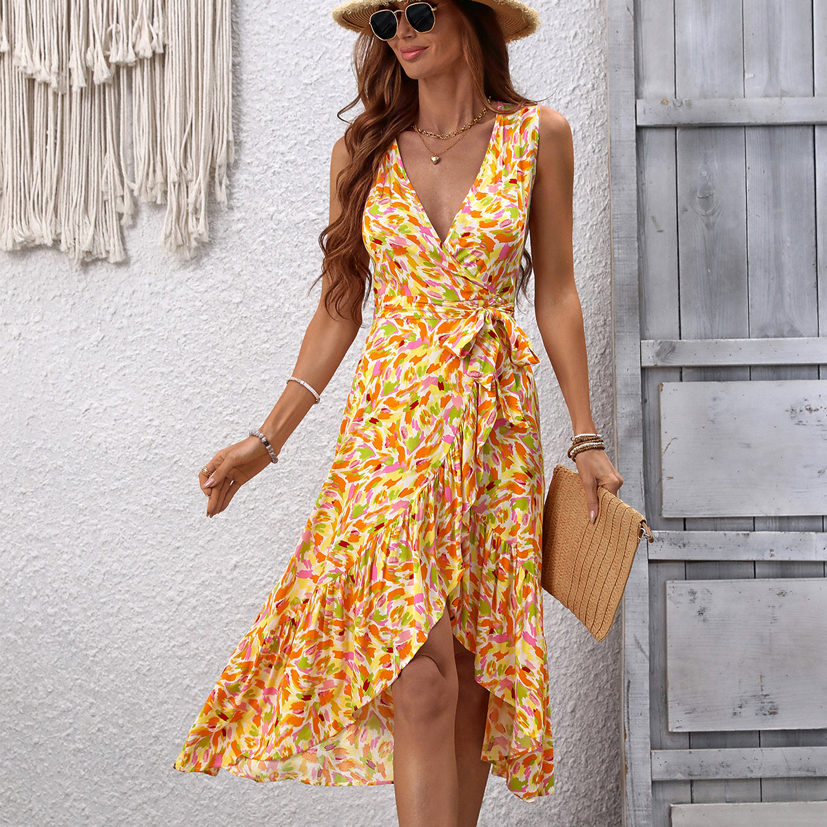 Floral Print V Neck Tie Waist Dress