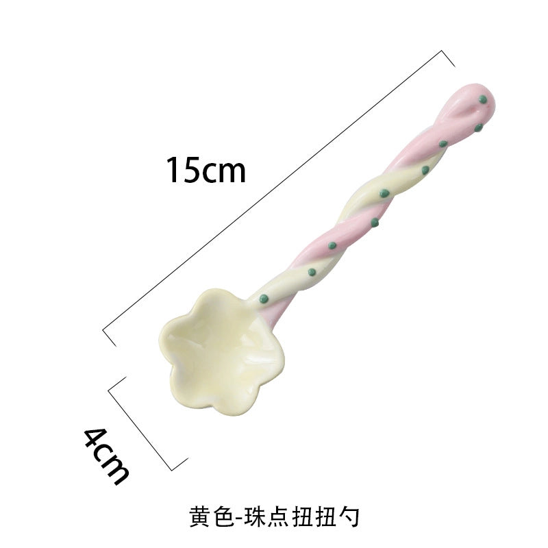 Ceramic Long Handle Spoon Household Spoon High-looking Cute Style Mixing Spoon Coffee Spoon Girl Heart Spoon