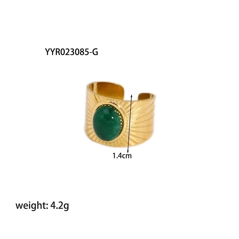 304 Stainless Steel 18K Gold Plated Retro Plating Inlay Heart Shape Solid Color Natural Stone Open Rings