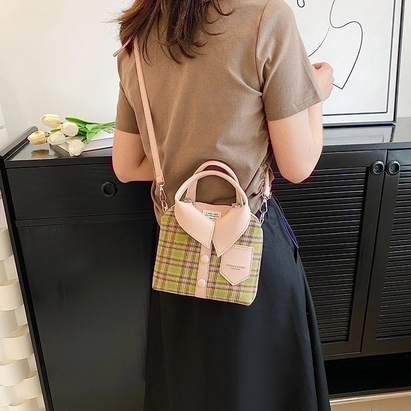 Unisex Canvas Color Block Plaid Vacation Sewing Thread Square Magnetic Buckle Handbag