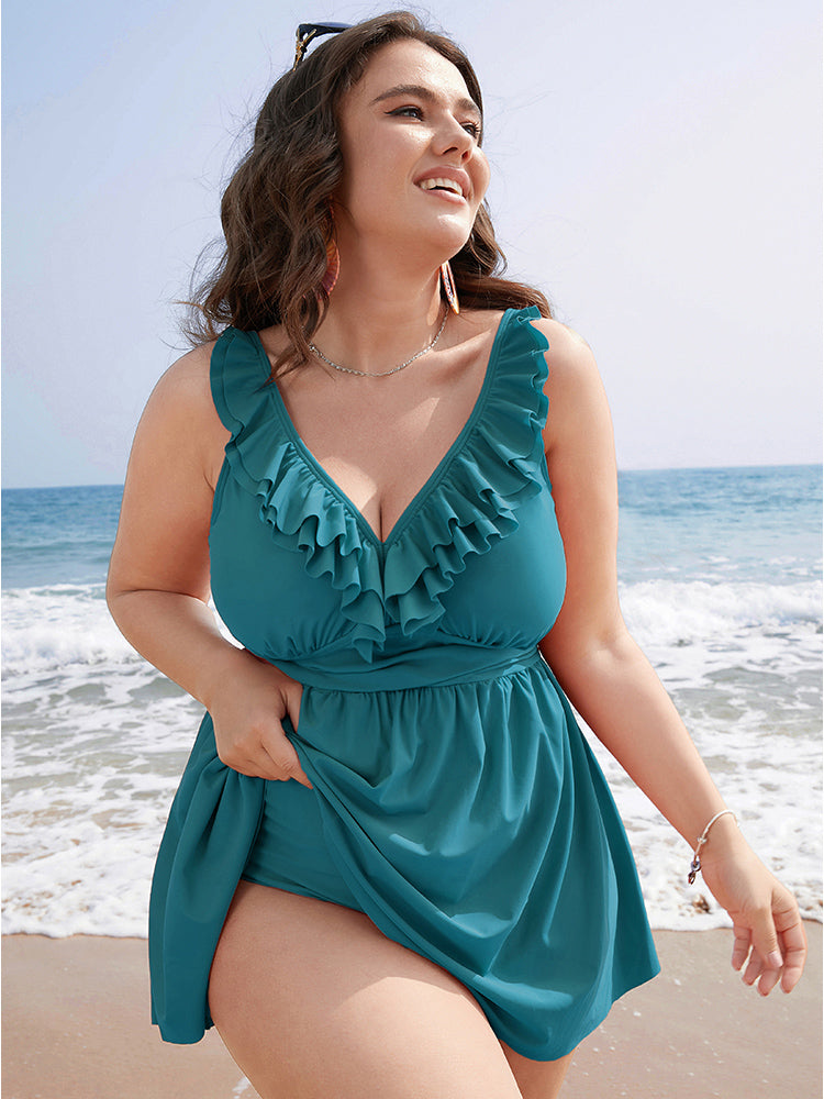 Ruffle Trim Adjustable Straps Gathered Sculpt Waist Swim Dress