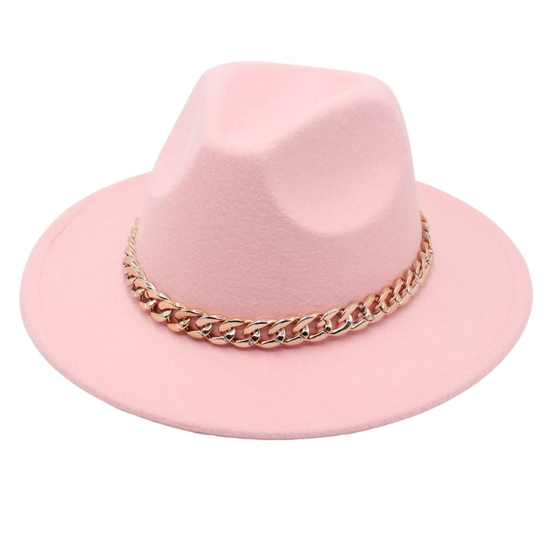 Chain Accessories Panama Hat Autumn And Winter  Jazz Woolen Hat Women's Fashion Big Brim Soft Felt Hat