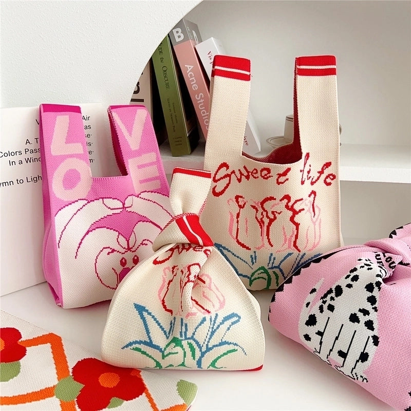 Women's Small Knit Animal Heart Shape Flower Cute Open Shopping Bags