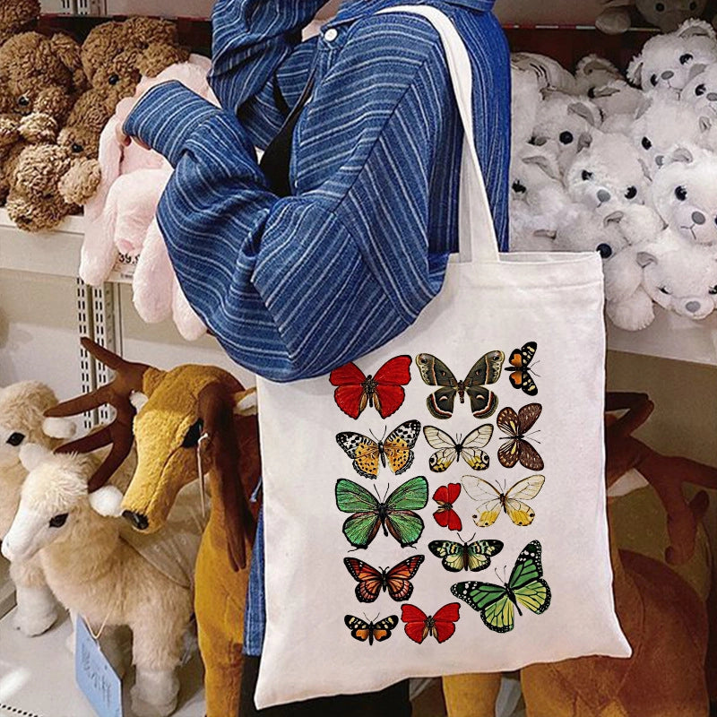 Women's Large Canvas Printing Flower Butterfly Streetwear Square Open Canvas Bag