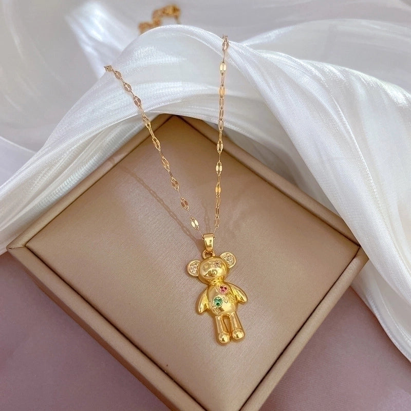 Minimalist Bear Titanium Steel Copper Plating Inlay Zircon Pendant Necklace