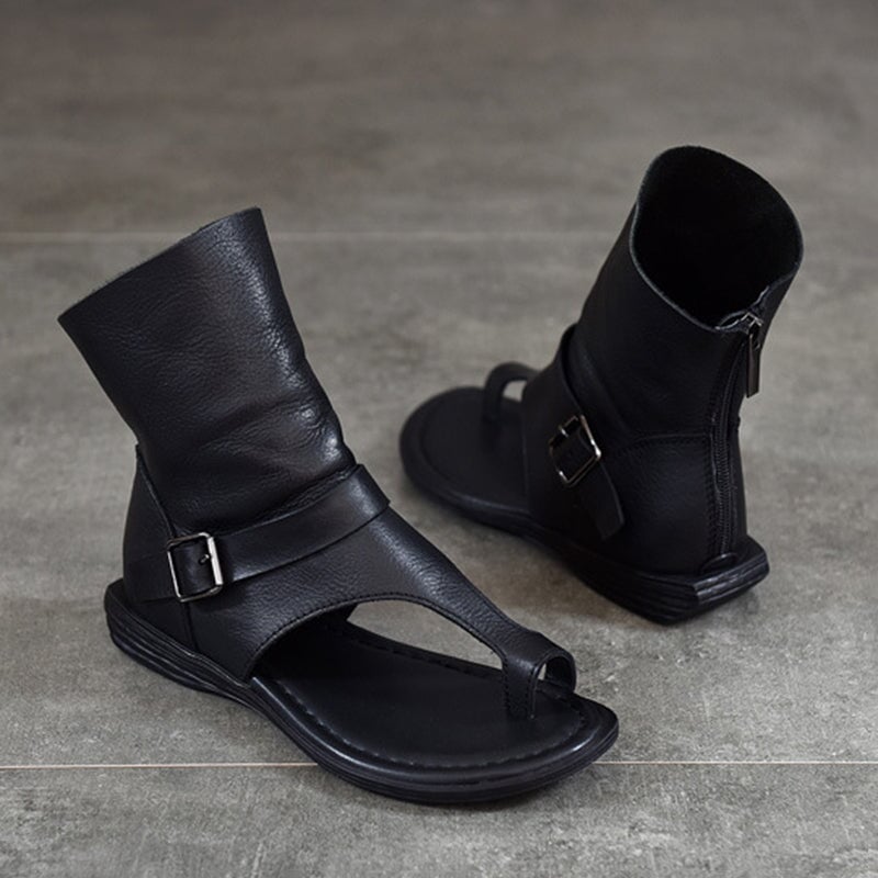 Leather Gladiator Toe Ring Flat Sandals Summer Roman Ankle Boots with Buckle & Back Zipper in Coffee/Black