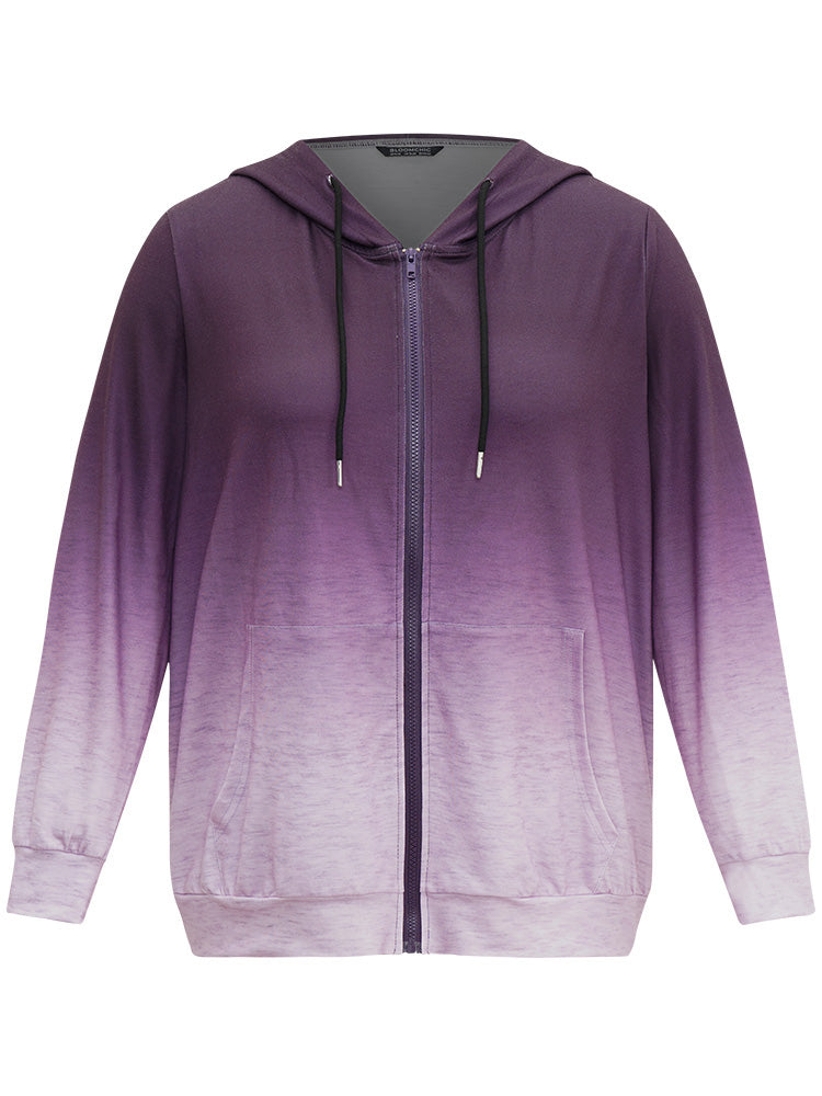 Ombre Hooded Zipper Drawstring Sweatshirt