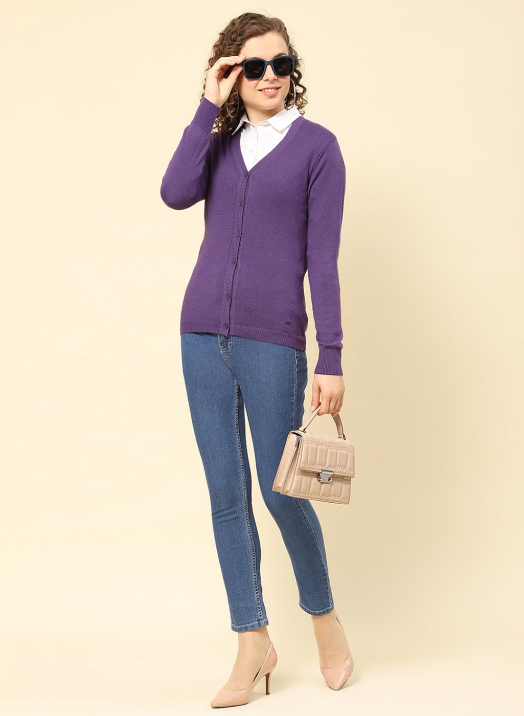 Women Purple Solid Modal Nylone Cardigan