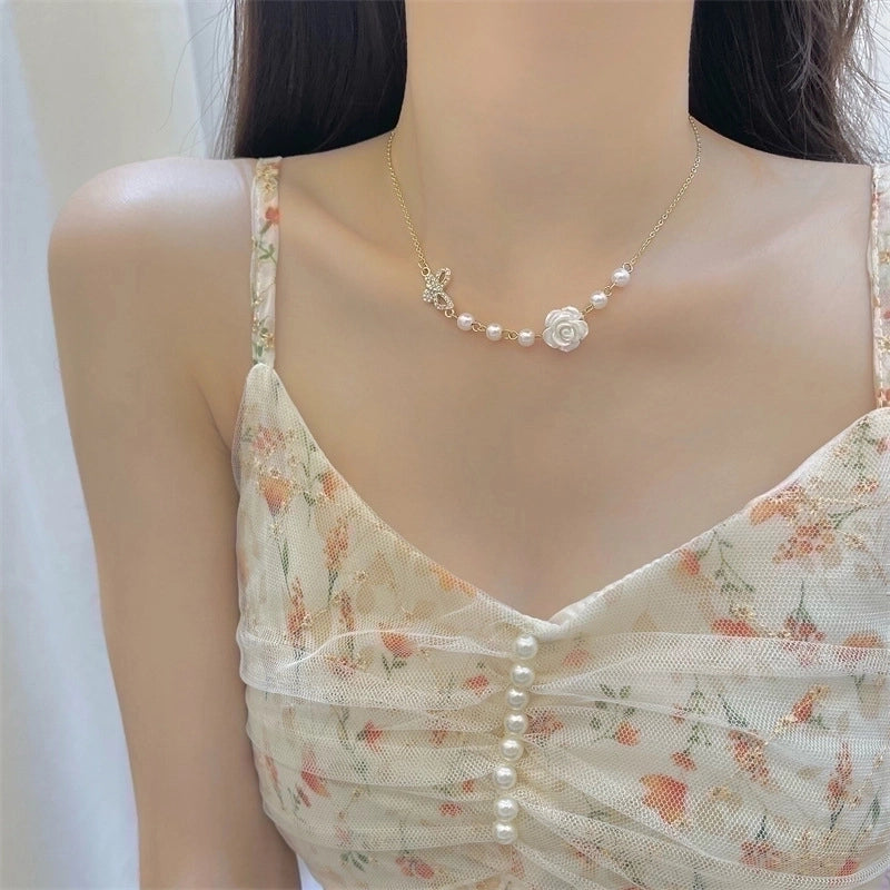 Minimalist Square Flower Bow Knot Alloy Inlay Artificial Pearls Rhinestones Women's Necklace