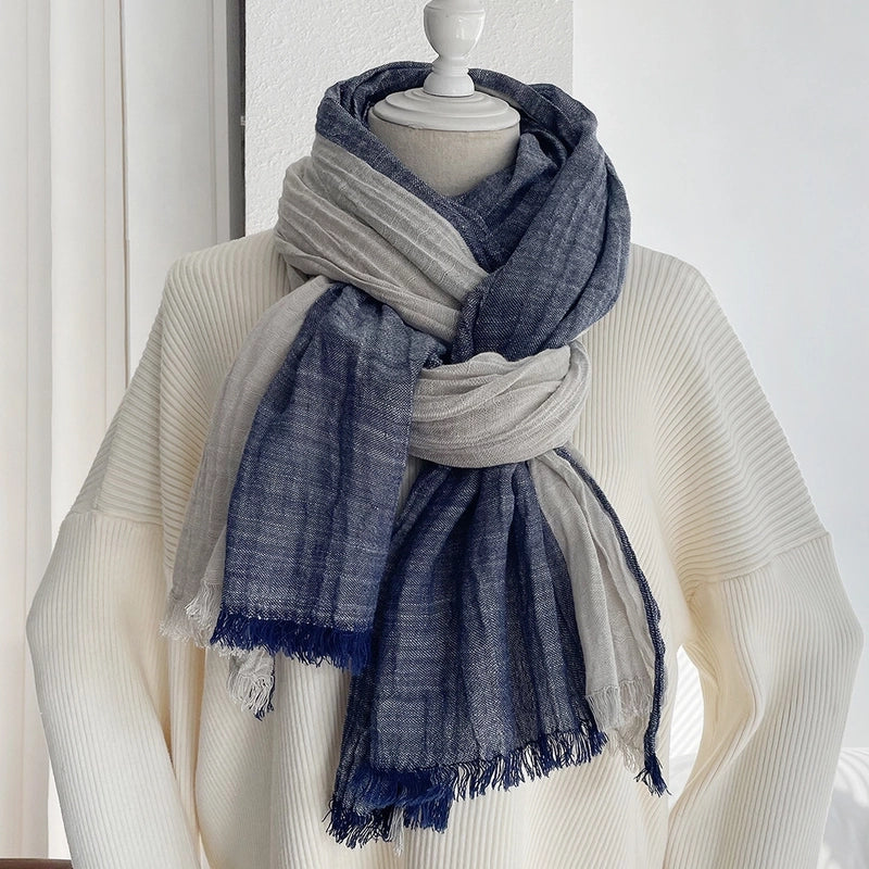 Unisex Retro Color Block Cotton Tassel Scarf