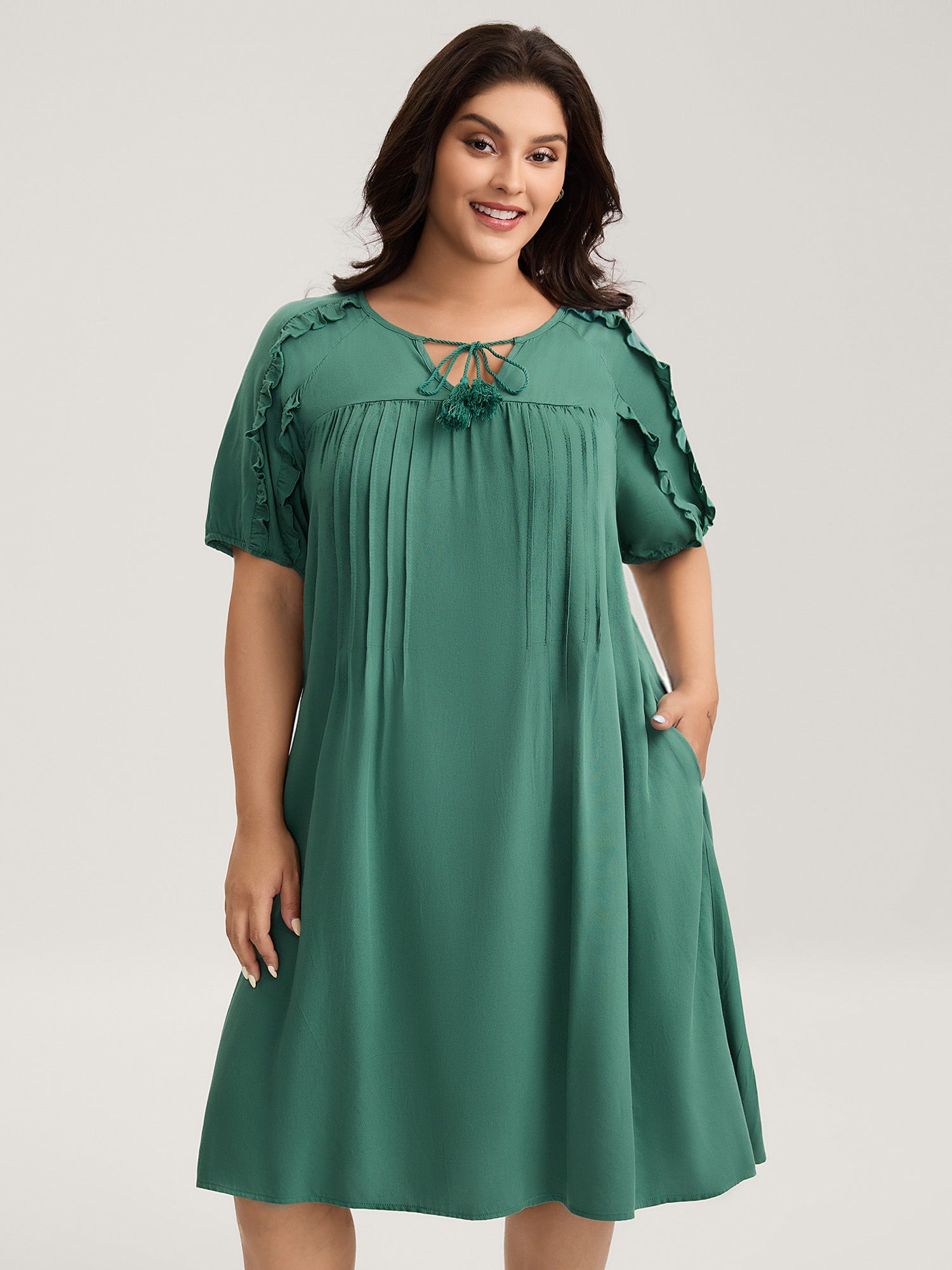 Rayon Neck-Tie Pleated Midi Dress