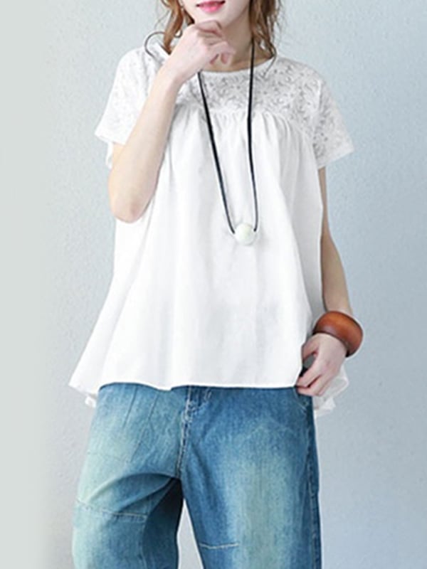 Vintage Solid Color Split-Joint Pleated Embroidered Hollow Lace Round-Neck Short Sleeves T-Shirt
