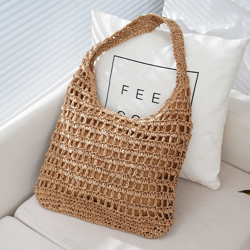 Women's Medium Straw Solid Color Vacation Beach Weave Square Zipper Straw Bag