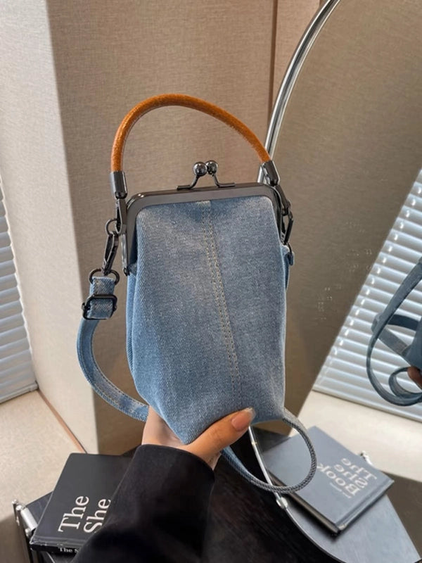 Women's Small Denim Solid Color Streetwear Sewing Thread Square Clasp Frame Phone Wallets