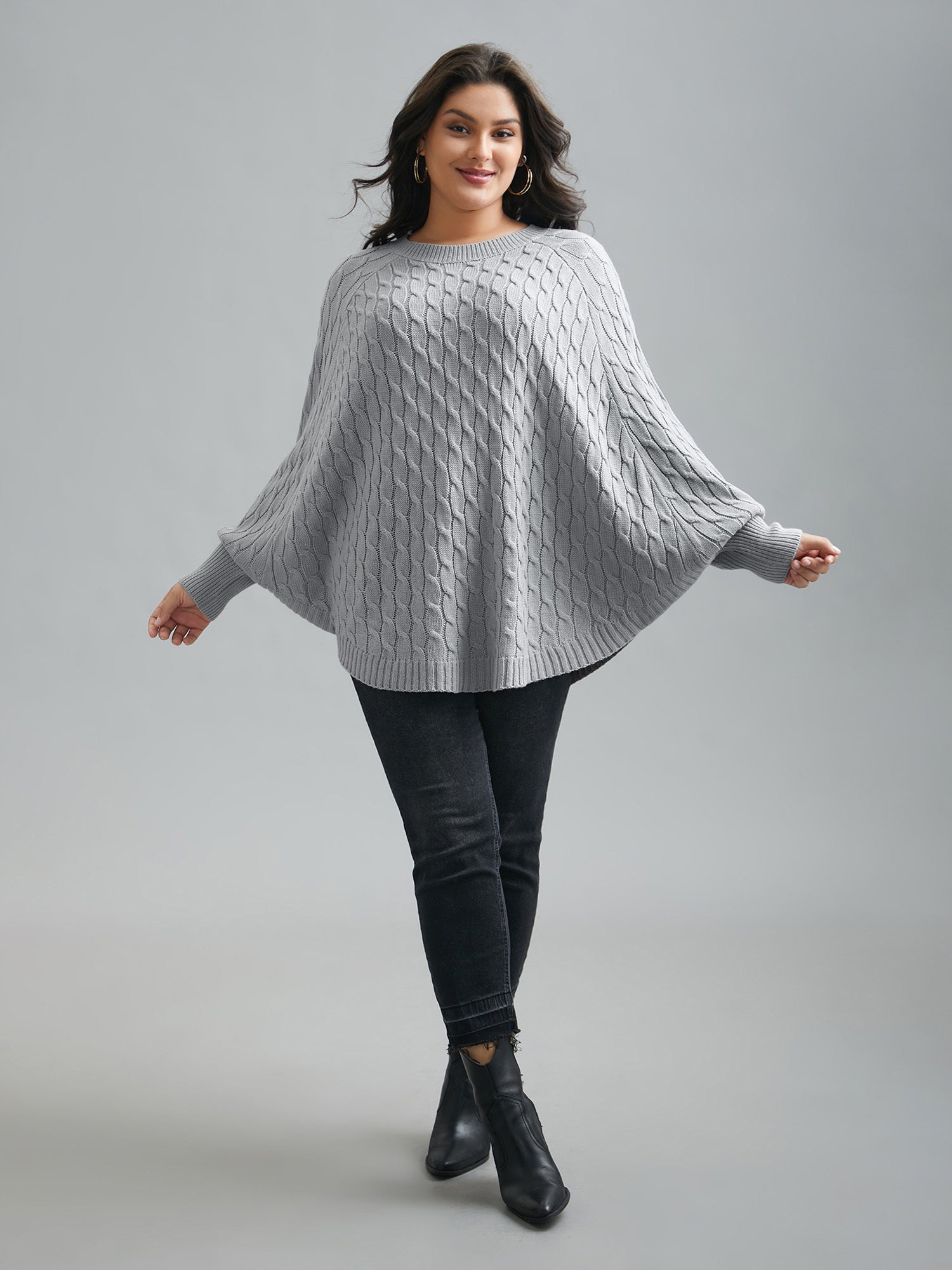 Cable Knit Dolman Sleeve Curved Hem Pullover