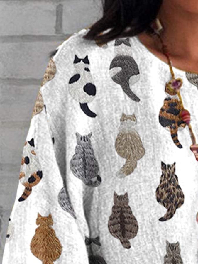 Women's Cute Cats Embroidery Print Round Neck Short Sleeve T-Shirt