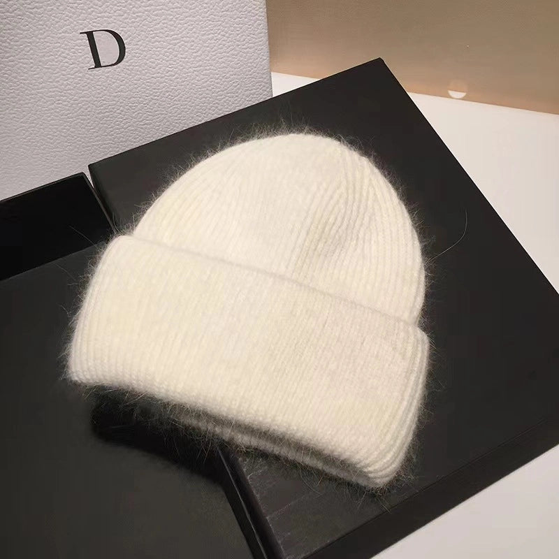 Japanese High-End New Rabbit Fur Knitted Woolen Cap Women's Fashion Autumn Winter Japanese Beanie Hat Thermal Head Cover Knitted Hat
