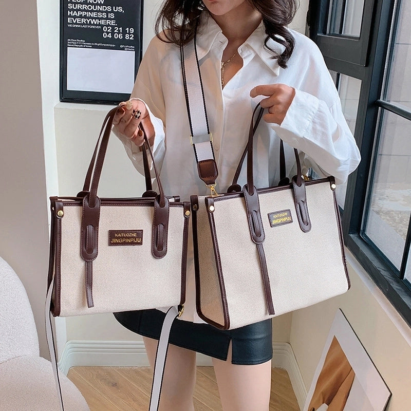 Women's Large Canvas Letter Elegant Square Zipper Tote Bag