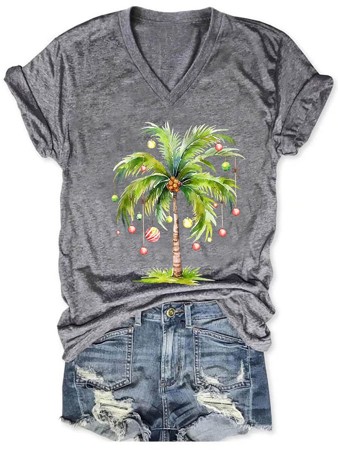 Women's Casual Christmas Palm Tree Printed Short Sleeve T-Shirt