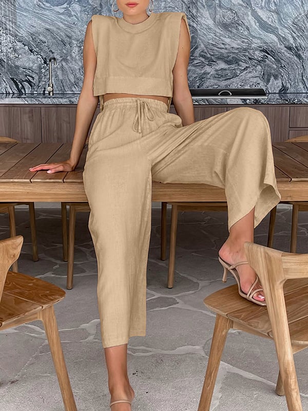 Loose Sleeveless Shoulder Pad Solid Color Tied Round-Neck Vest Top + Drawstring Elasticity Pants Bottom Two Pieces Set