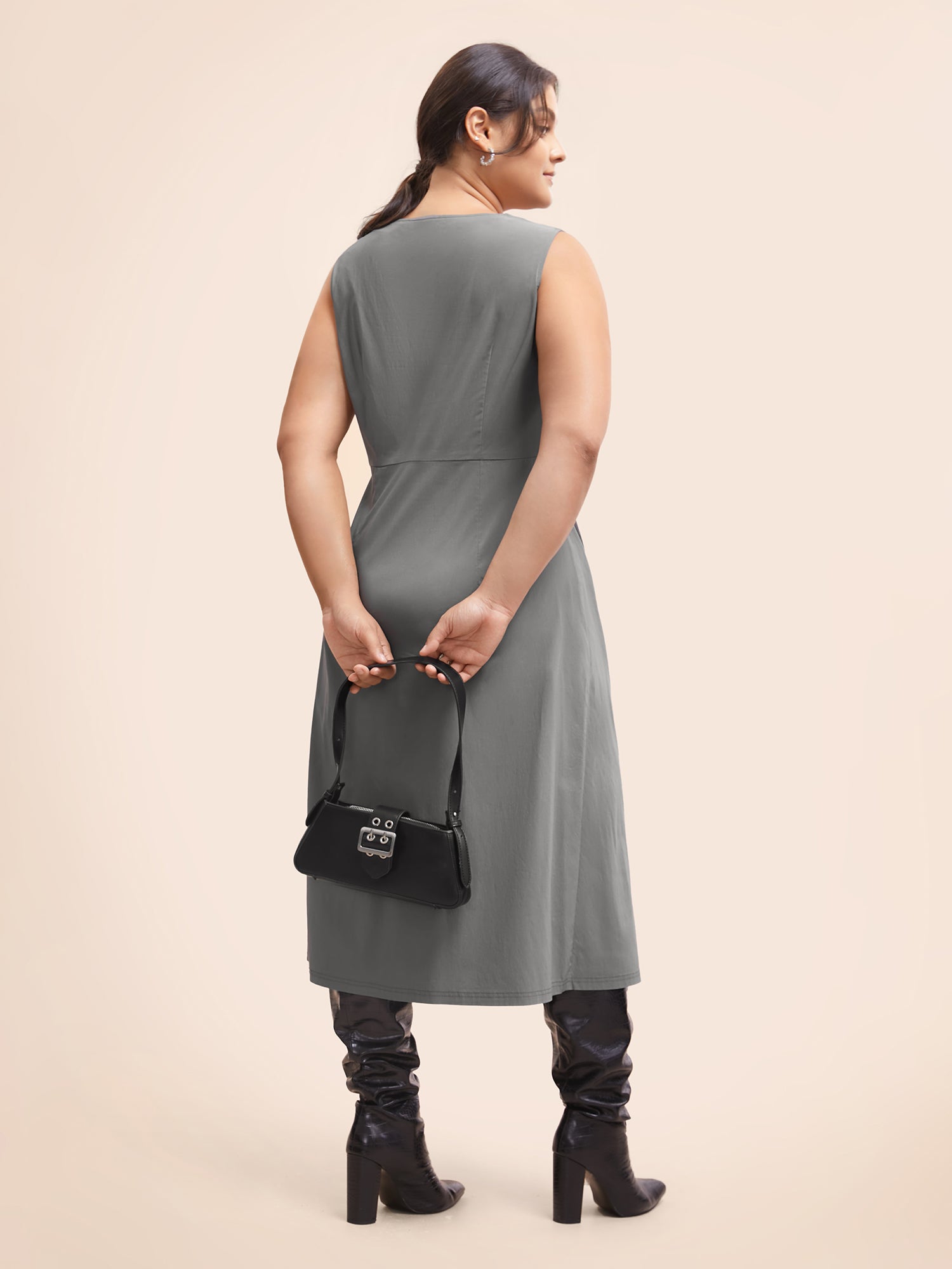 Stretch Woven Crushed Pleated Midi Dress