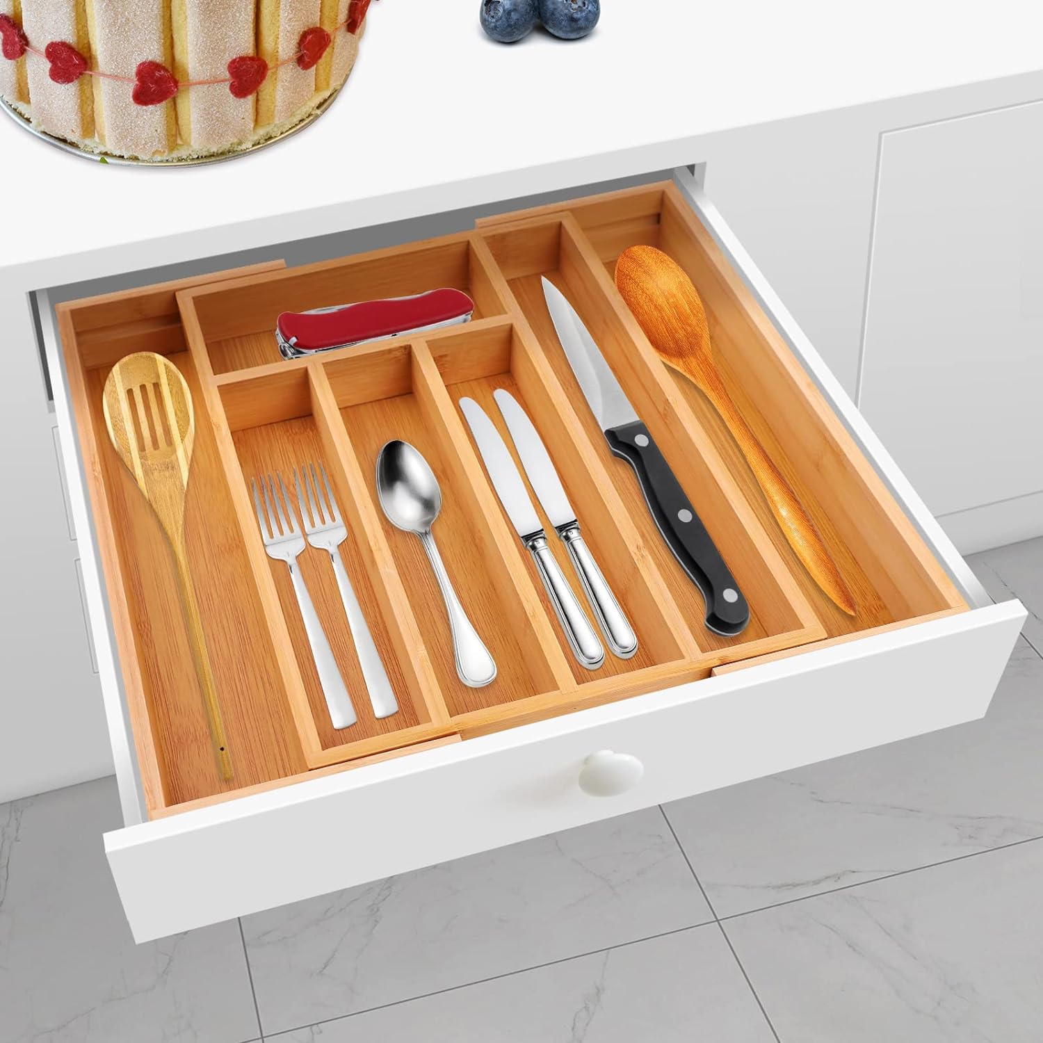 Bamboo Kitchen Drawer Organizer Utensil Tray Flatware Drawer Organizer 5-7 Slots