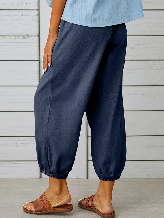 Solid Color Casual With Pocket Buttons Cotton Linen Trousers