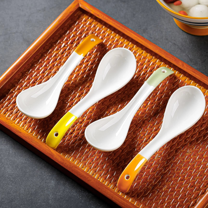 Small Soup Spoon Creative Blue And White Ceramic Spoon Household Thickened Curved Handle Anti-scalding Food Soup Spoon