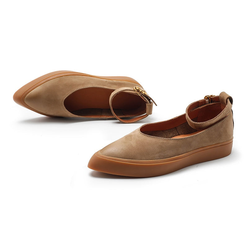 Nubuck Leather Flat Ankle Strap Mary Jane Shoes For Women Point Toe Witch Style in 5 Colors