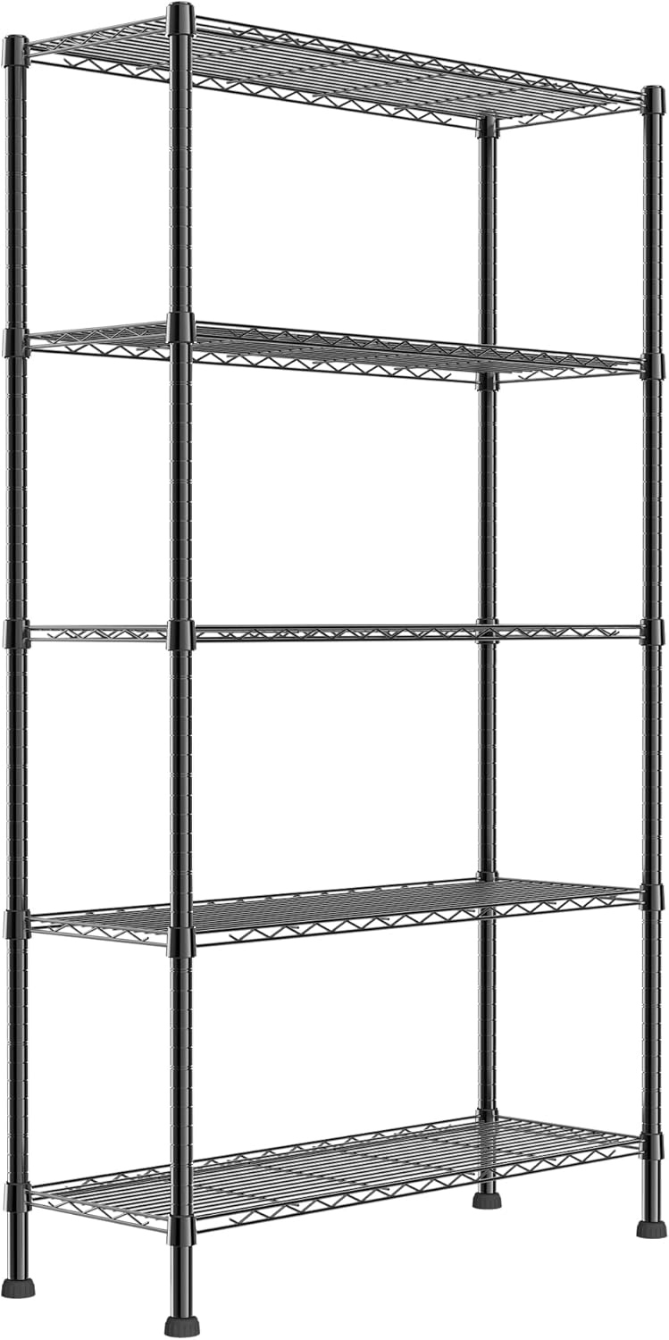 REGILLER 5-Wire Shelving Metal Storage Rack Adjustable Shelves,Standing Storage Shelf Units for Laundry Bathroom Kitchen Pantry Closet(Black,11.8