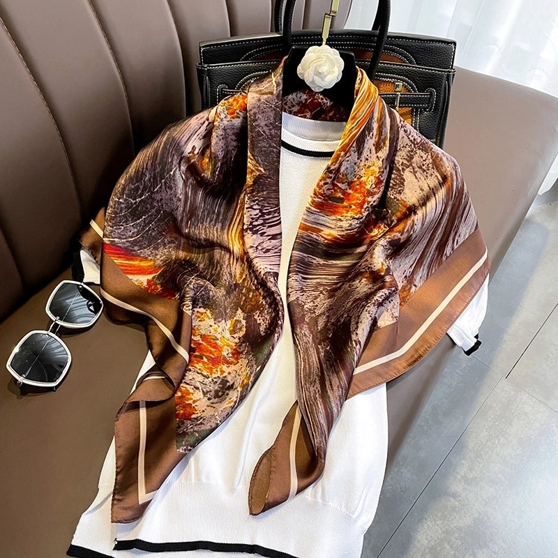 Fashion Light Luxury 90cm Simulation Silk Scarf Simple Striped Large Square Scarf