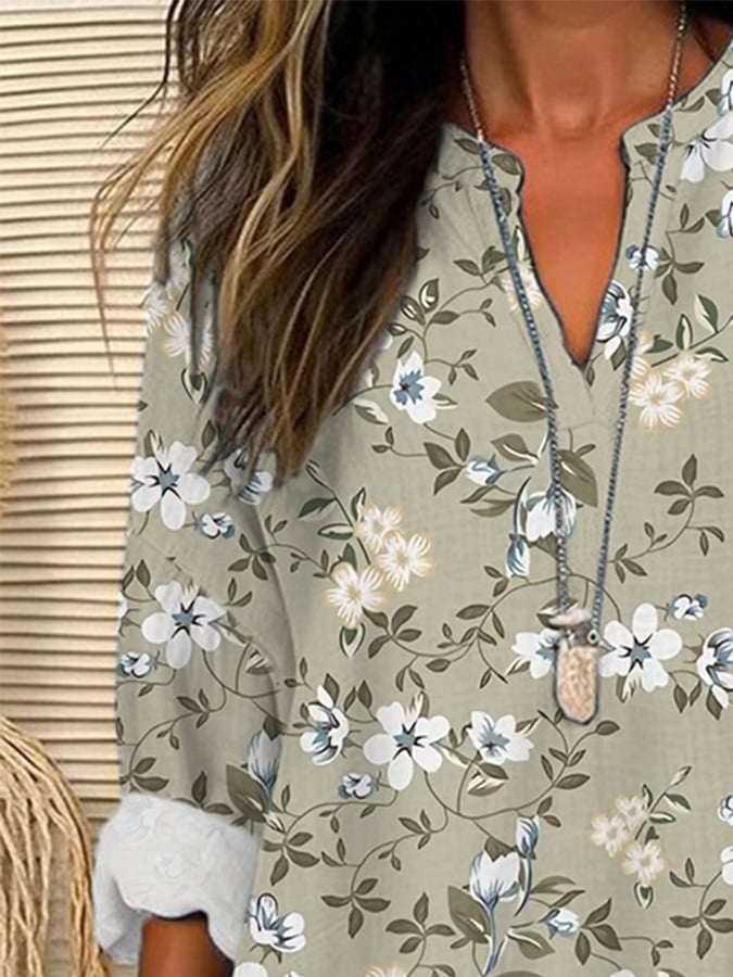 Women's Retro Floral Loose Casual Long Sleeve V-Neck Shirt