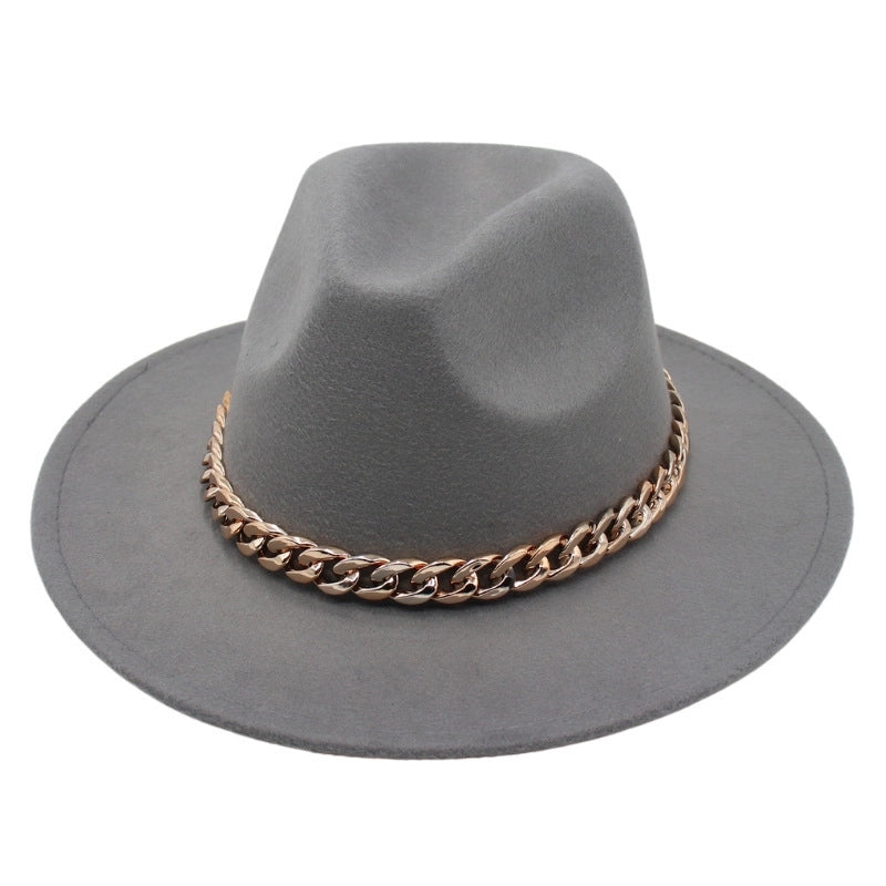 Chain Accessories Panama Hat Autumn And Winter  Jazz Woolen Hat Women's Fashion Big Brim Soft Felt Hat