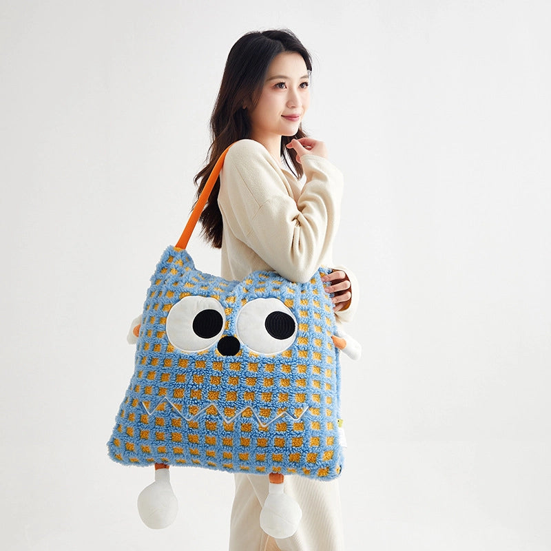 Big Eye Monster Embroidered Lambswool Blanket Dopamine Lunch Break Office Car Cushion Pillow Blanket