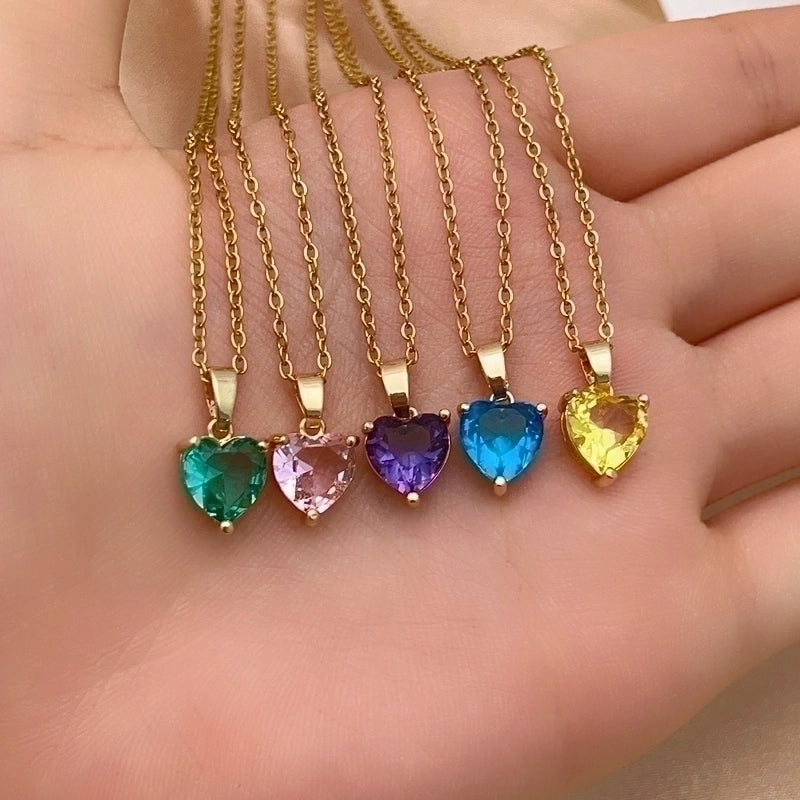 2 Pieces Elegant Minimalist Heart Shape 304 Stainless Steel Copper Plating Inlay Gold Plated Zircon Pendant Necklace