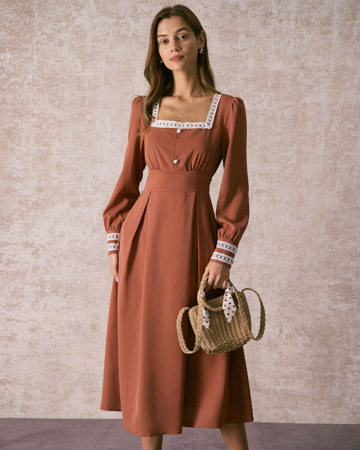 The Brown Square Neck Lace Trim Midi Dress